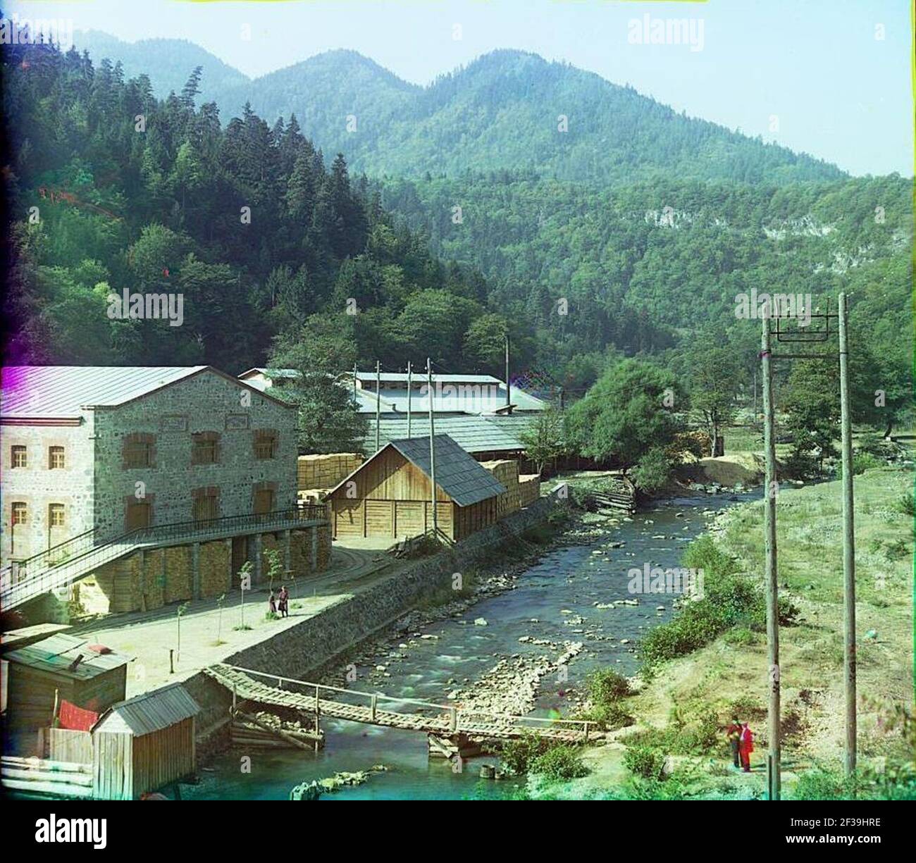 Prokudin-Gorsky. Pond feeding -water- to the electric station's turbine. Along the road to the falls. (Gagra). Stock Photo