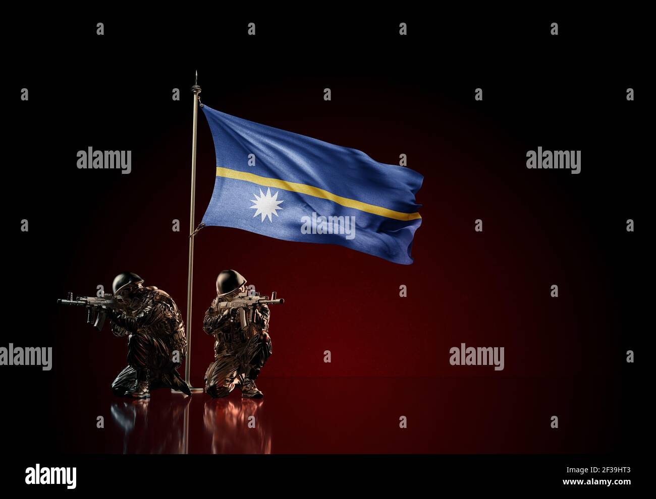Concept of military conflict with soldier statues and waving national flag of Nauru. Illustration of coup idea. Two guards defending the symbol Stock Photo