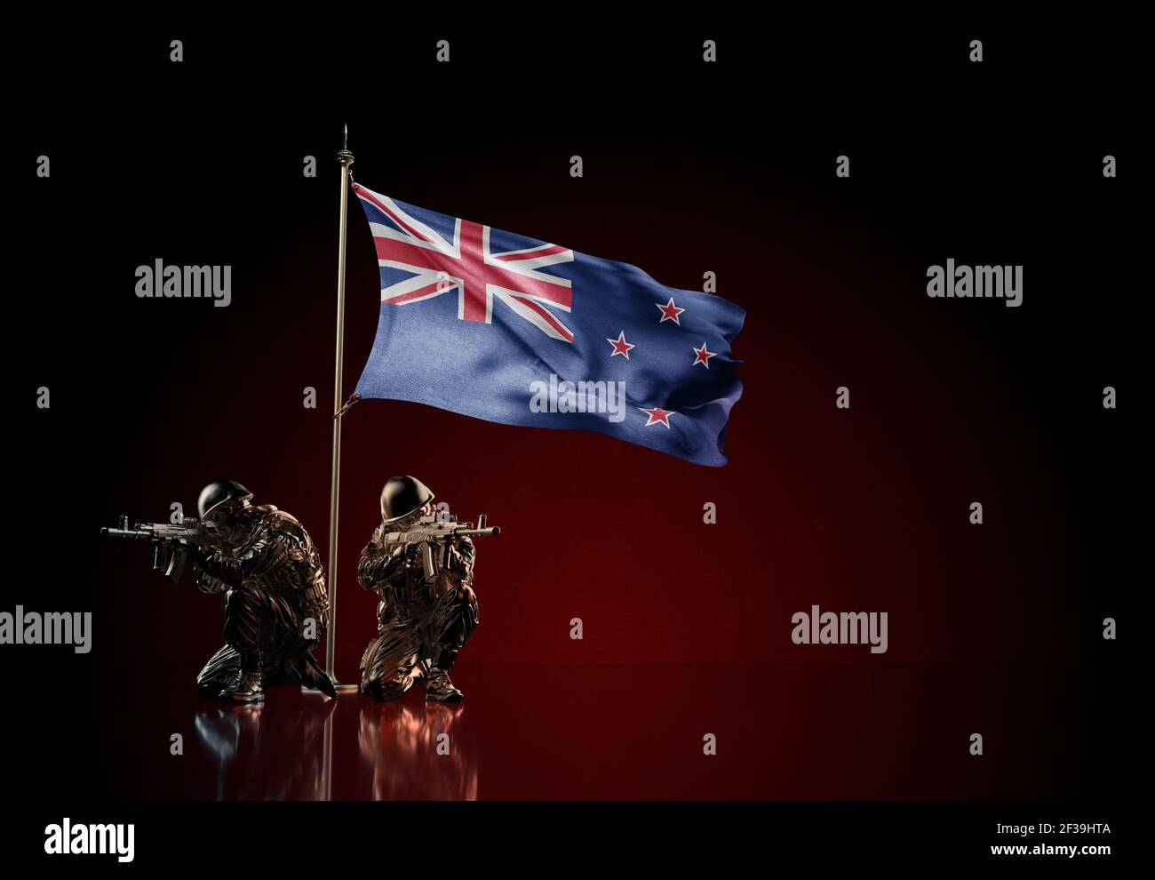 Concept of military conflict with soldier statues and waving national flag of New Zeland. Illustration of coup idea. Two guards defending the symbol Stock Photo