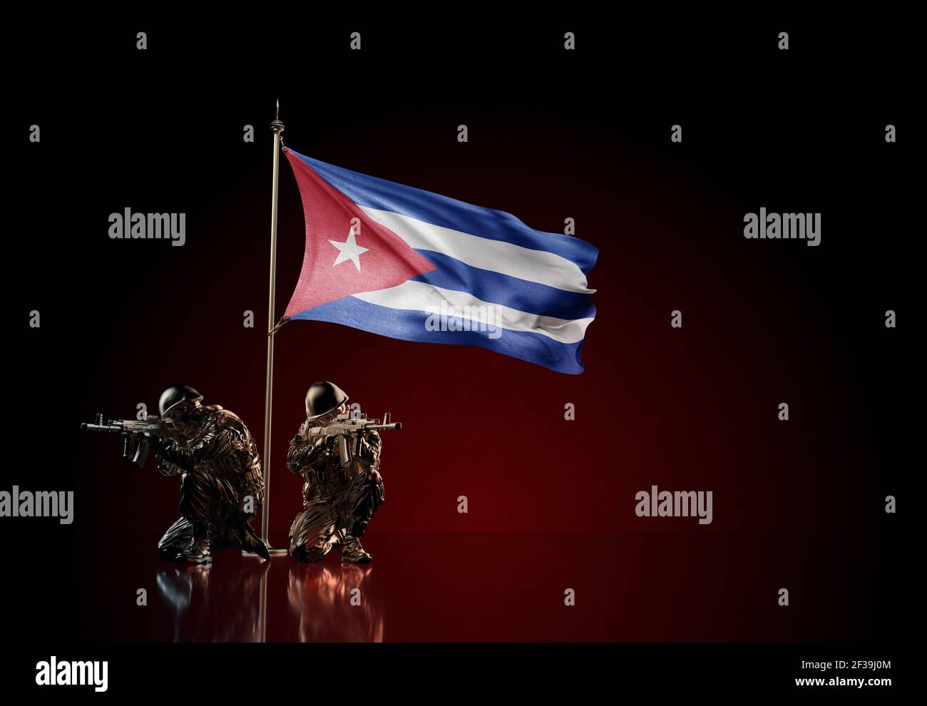 Concept of military conflict with soldier statues and waving national flag of Cuba. Illustration of coup idea. Two guards defending the symbol Stock Photo