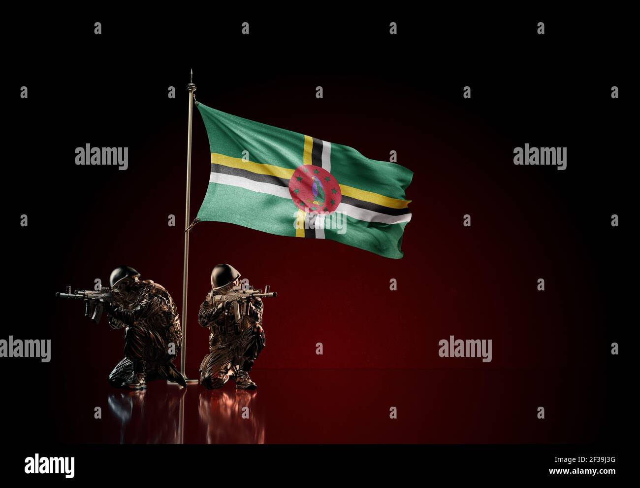 Concept of military conflict with soldier statues and waving national flag of Dominica. Illustration of coup idea. Two guards defending the symbol Stock Photo