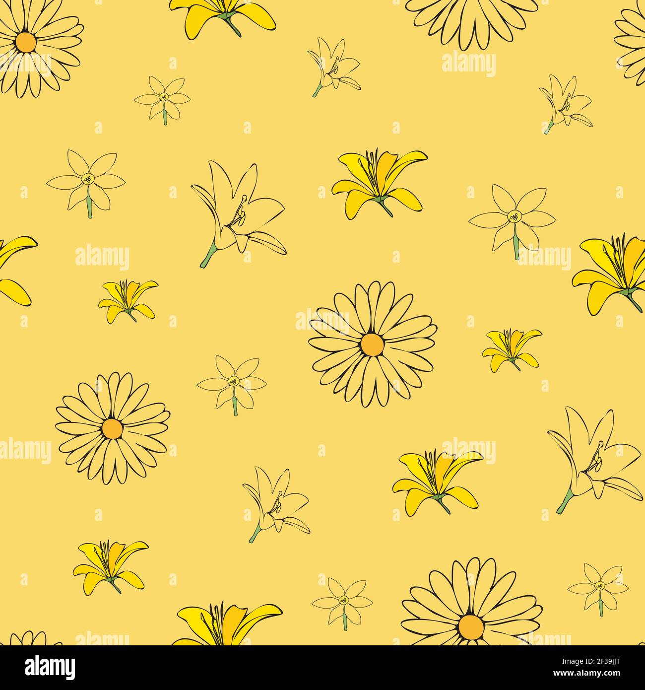 Vector yellow background white yellow lemony floral seamless pattern. Daisies, Lilies, Crocus. Seamless pattern background Stock Vector