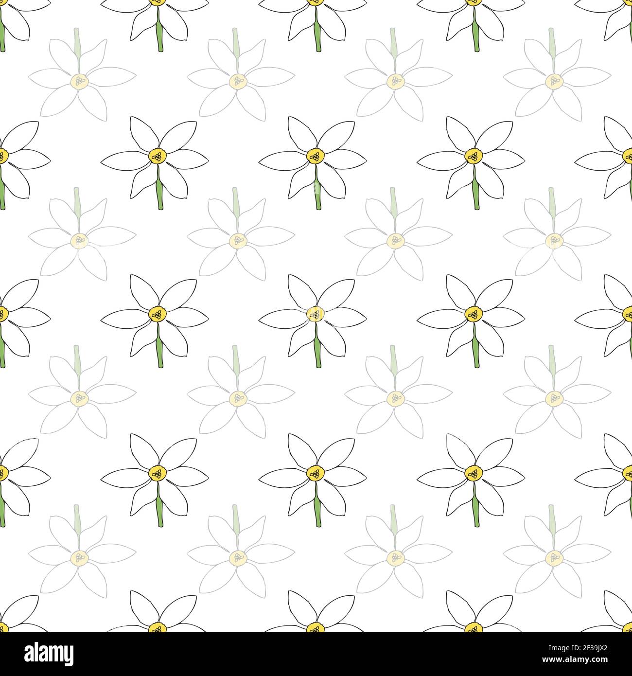 Vector white background white yellow lemony floral seamless pattern. Daisies, Lilies, Crocus. Seamless pattern background Stock Vector