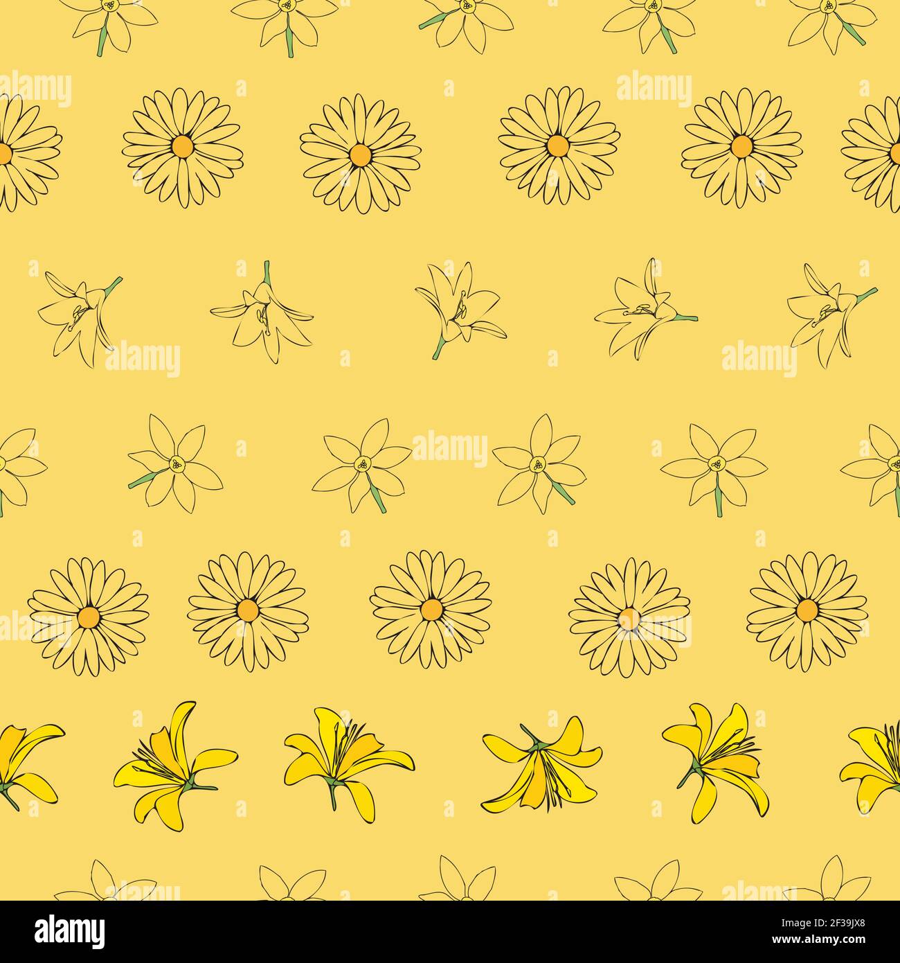 Vector yellow background white yellow lemony floral seamless pattern. Daisies, Lilies, Crocus. Seamless pattern background Stock Vector