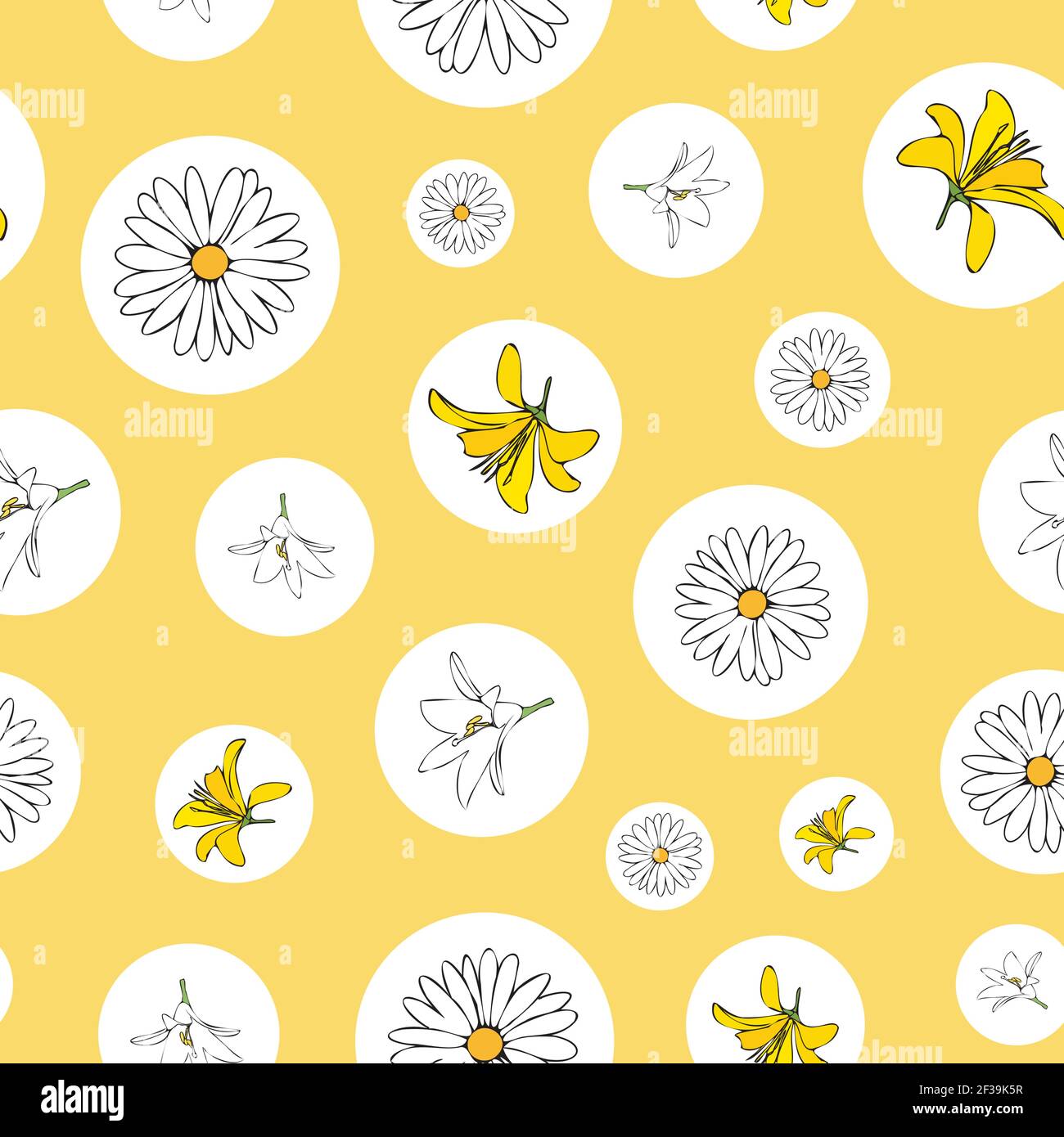 Vector yellow background white yellow lemony floral seamless pattern. Daisies, Lilies, Crocus. Seamless pattern background Stock Vector