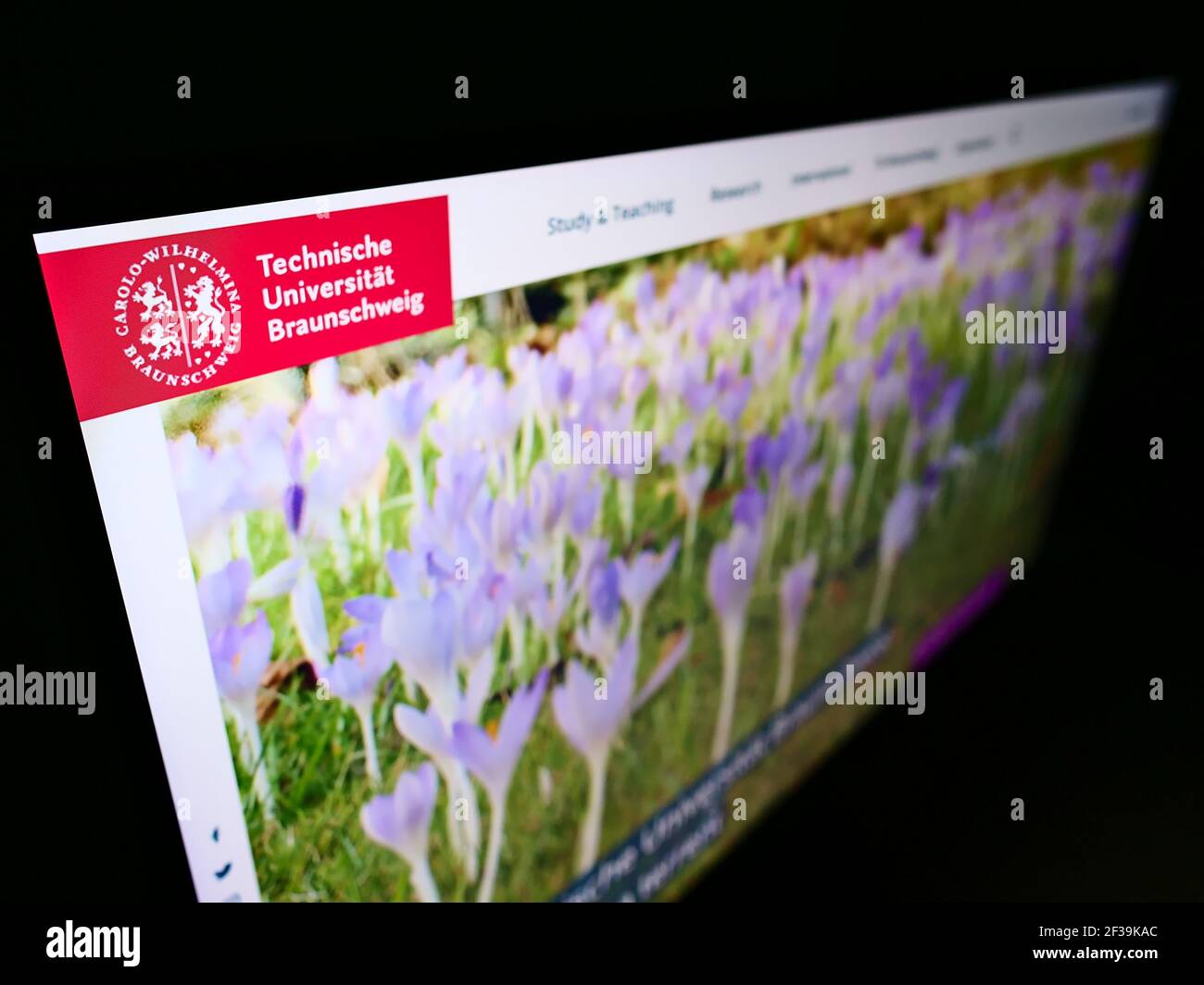 High angle view of website with logo of German education institution Technical University of Braunschweig on monitor. Focus on top-left of screen. Stock Photo