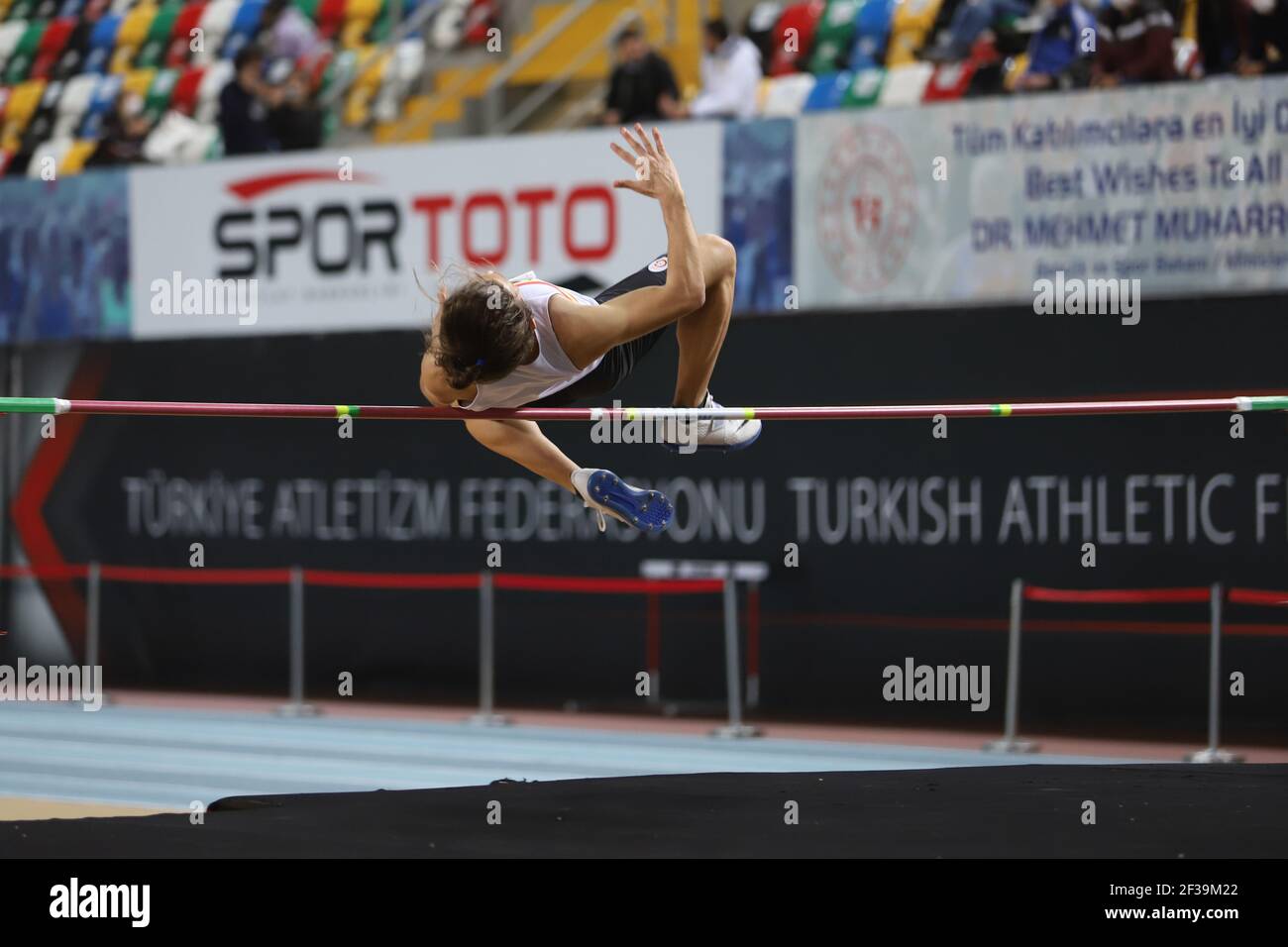 ISTANBUL, TURKEY - JANUARY 30, 2021: Undefined athlete high jumping ...