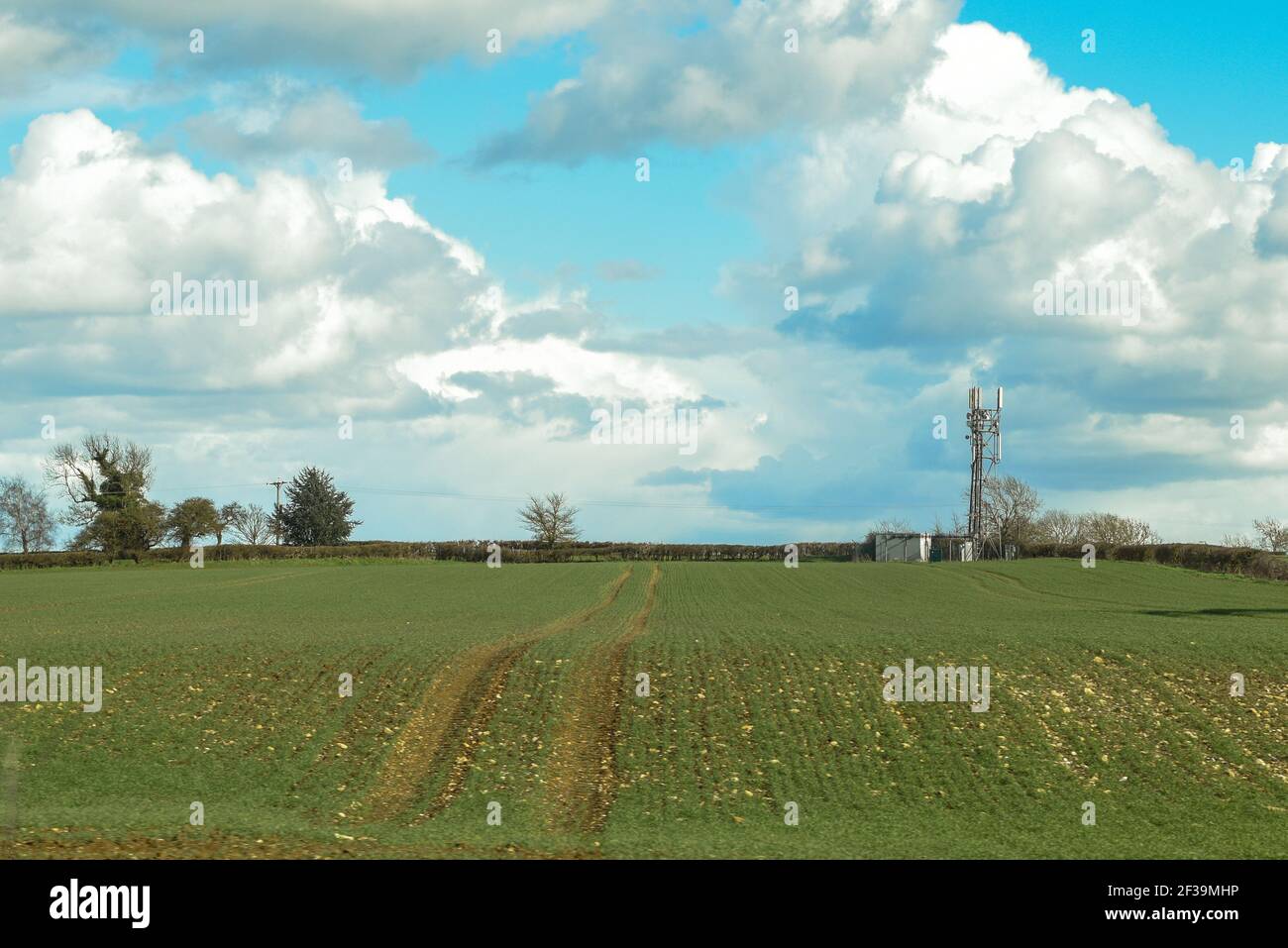 mobile phone mast to transmit to networks in a rural field Stock Photo