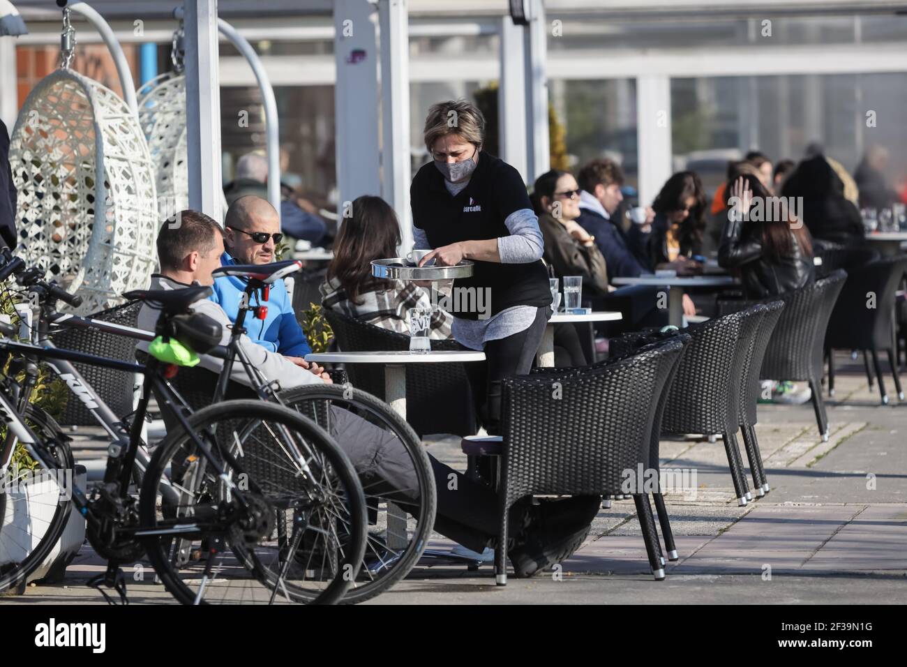 After three months of lockdown due to civil protection headquarters measures for Covid 19 Coronavirus disease where cafes were not allowed to operate Stock Photo