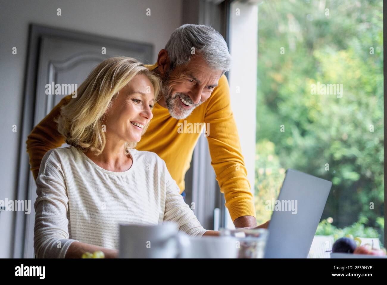 Smiling mature couple using laptop at home Stock Photo