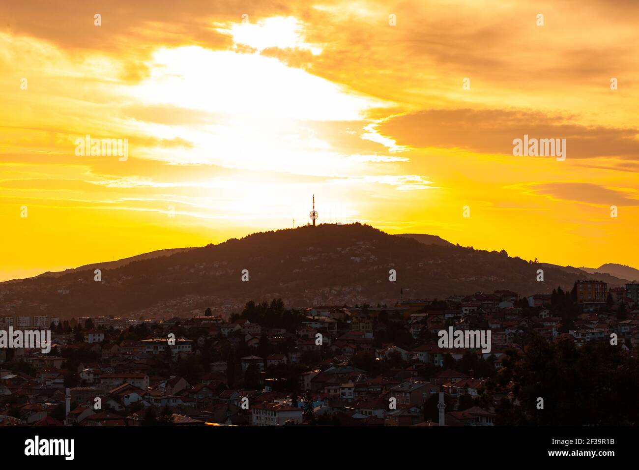 View of Hum Tower located on Mount Hum with Sarajevo cityscape in foreground Stock Photo