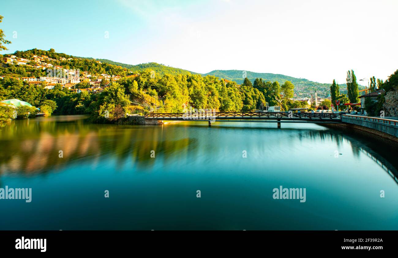 Scenic view of bridge over River Miljacka in Sarajevo city Stock Photo