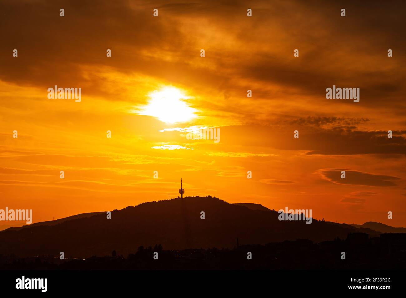 View of Hum Tower on Mount Hum during sunset, Sarajevo Stock Photo