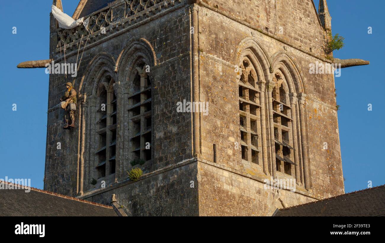 Outer view of the Church of SainteMereEglise with its church tower