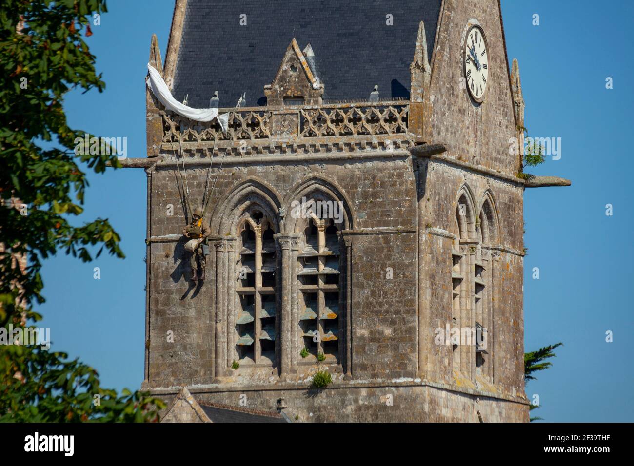 Outer view of the Church of SainteMereEglise with its church tower