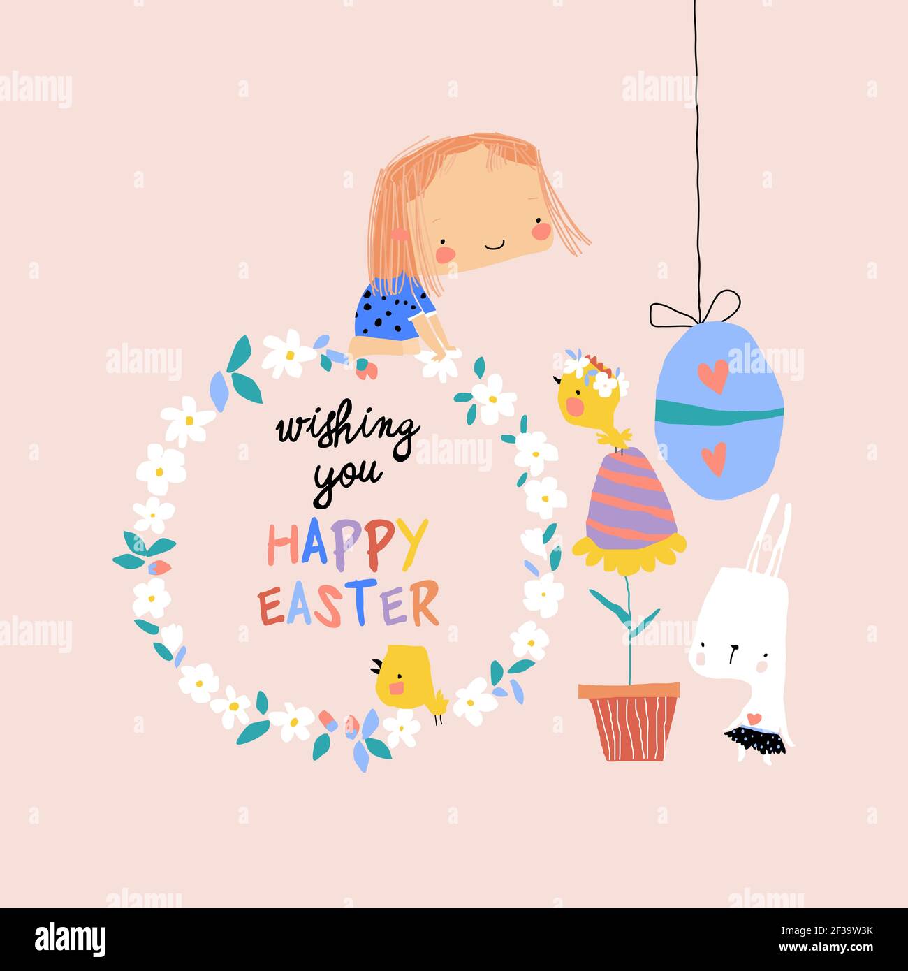 Cartoon Easter illustration with girl, rabbit and easter eggs Stock Vector