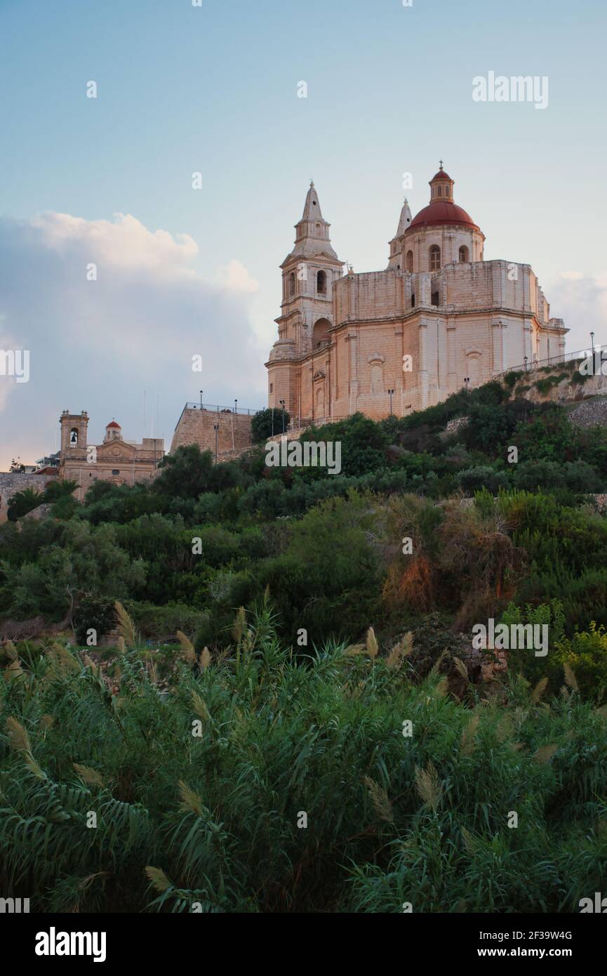 Green plants with the Parish Church of Mellieha, Malta on a hill on a fall evening. Stock Photo