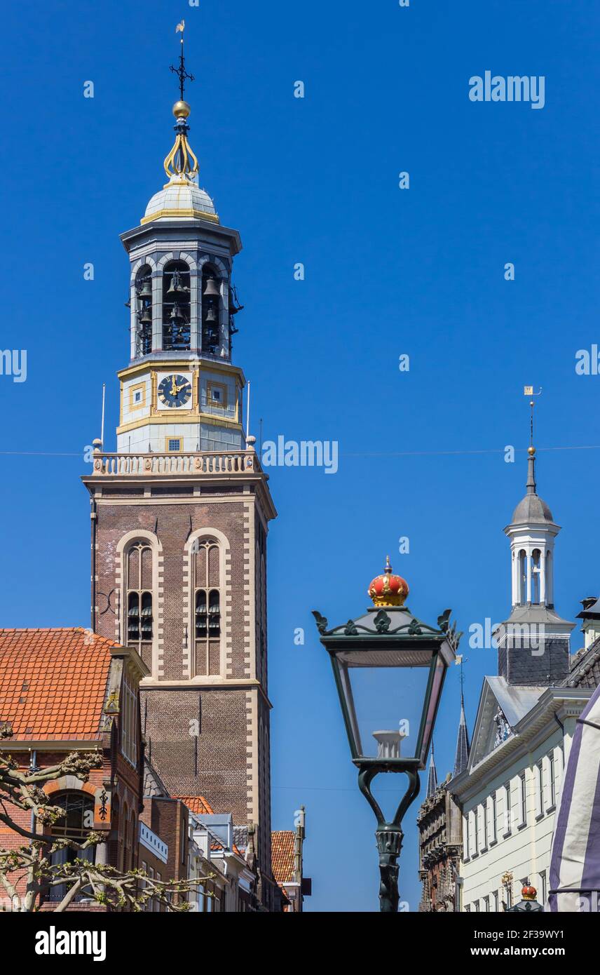 Street light in front of the belfry of Kampen, Netherlands Stock Photo
