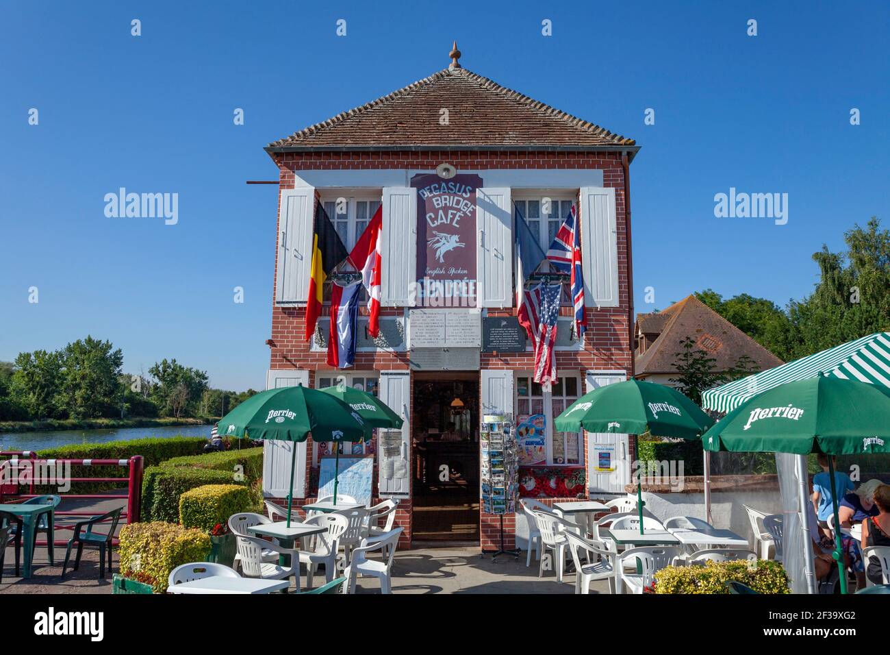 Benouville (Normandy, north-western France): the “Cafe Gondree” coffehouse near the Pegasus Bridge, over the Caen Canal, is said by some to be the fir Stock Photo