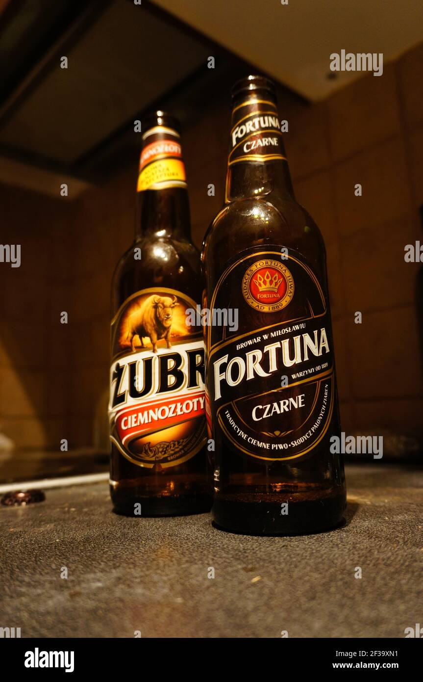 POZNAN, POLAND - Sep 04, 2013: Empty Polish beer bottles of the brands Zubr and Fortuna Stock Photo