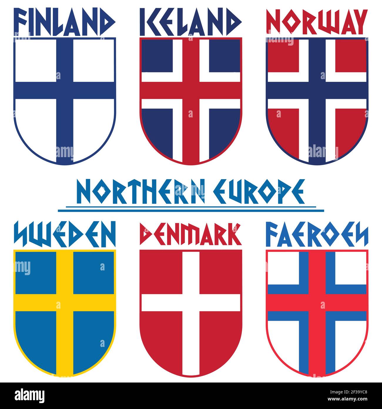 Flags of the Nordic countries, Scandinavia. Norway, Iceland, Sweden, Denmark, Finland, Faroe Islands Stock Vector