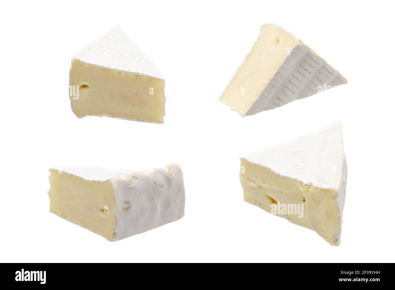 Camembert or brie cheese isolated on white background. Soft cheese covered with edible white mold view from above. Clipping path. Stock Photo