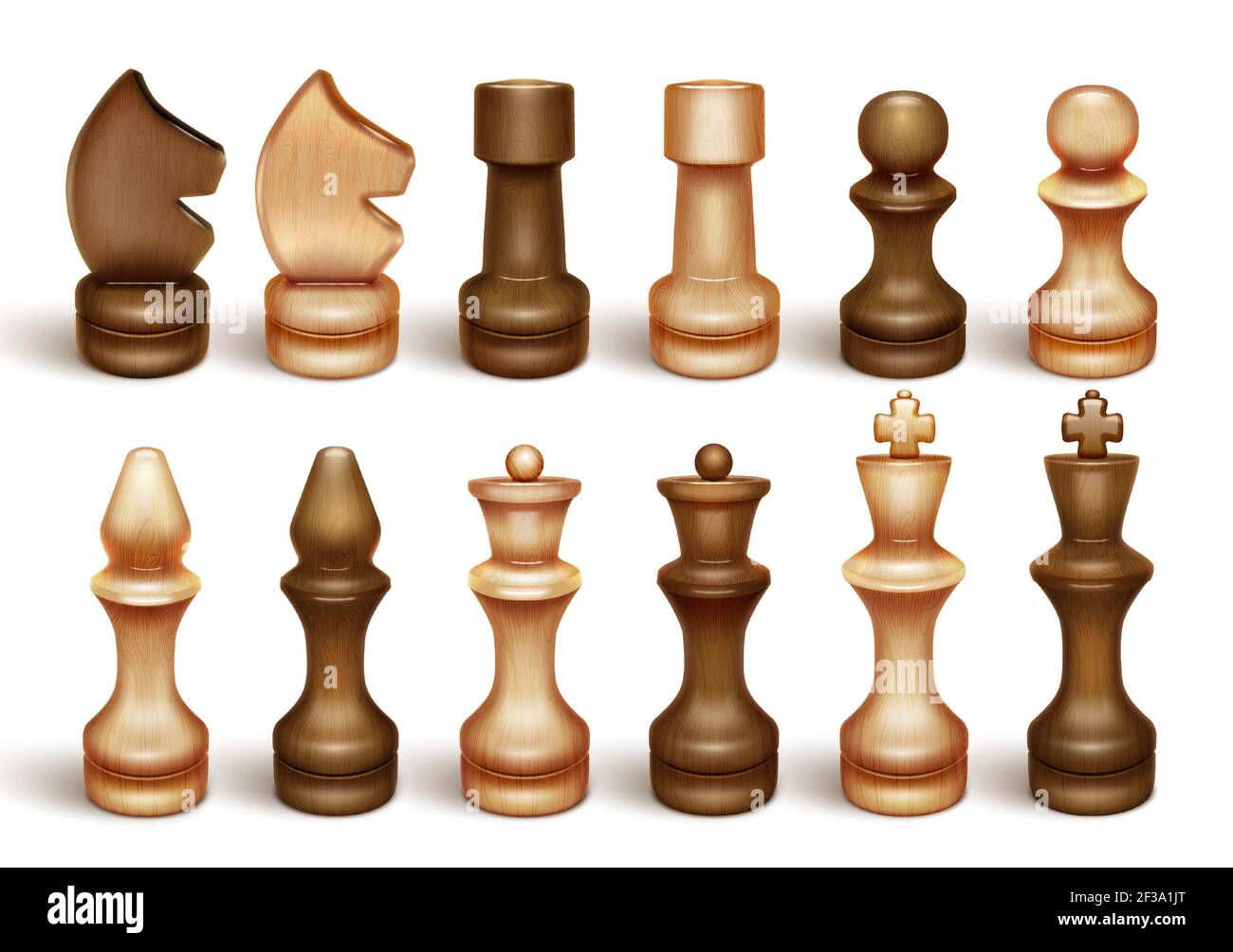 Chessmen. Chess is a board game and sport. King, queen, knight, rook, knight, bishop, pawn. 3D realistic illustration. Isolated on a white background Stock Vector