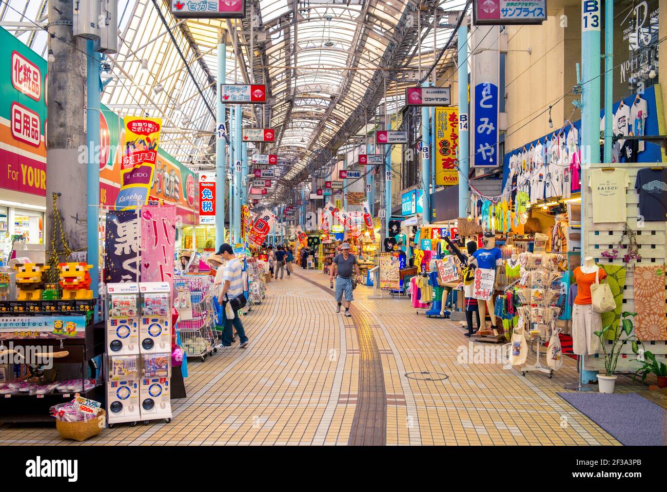 May 26, 2017: Heiwa Dori off of Kokusai Street in naha city, okinawa, japan. Heiwa dori, translated as Peace Street, is a covered shopping arcade feat Stock Photo