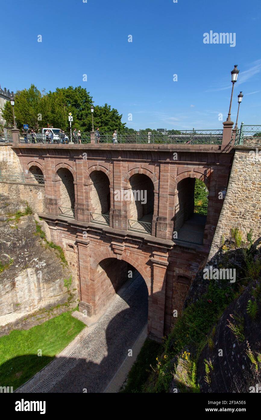 Luxembourg: the Castle Bridge (Schlassbreck), Luxembourg City. Stock Photo