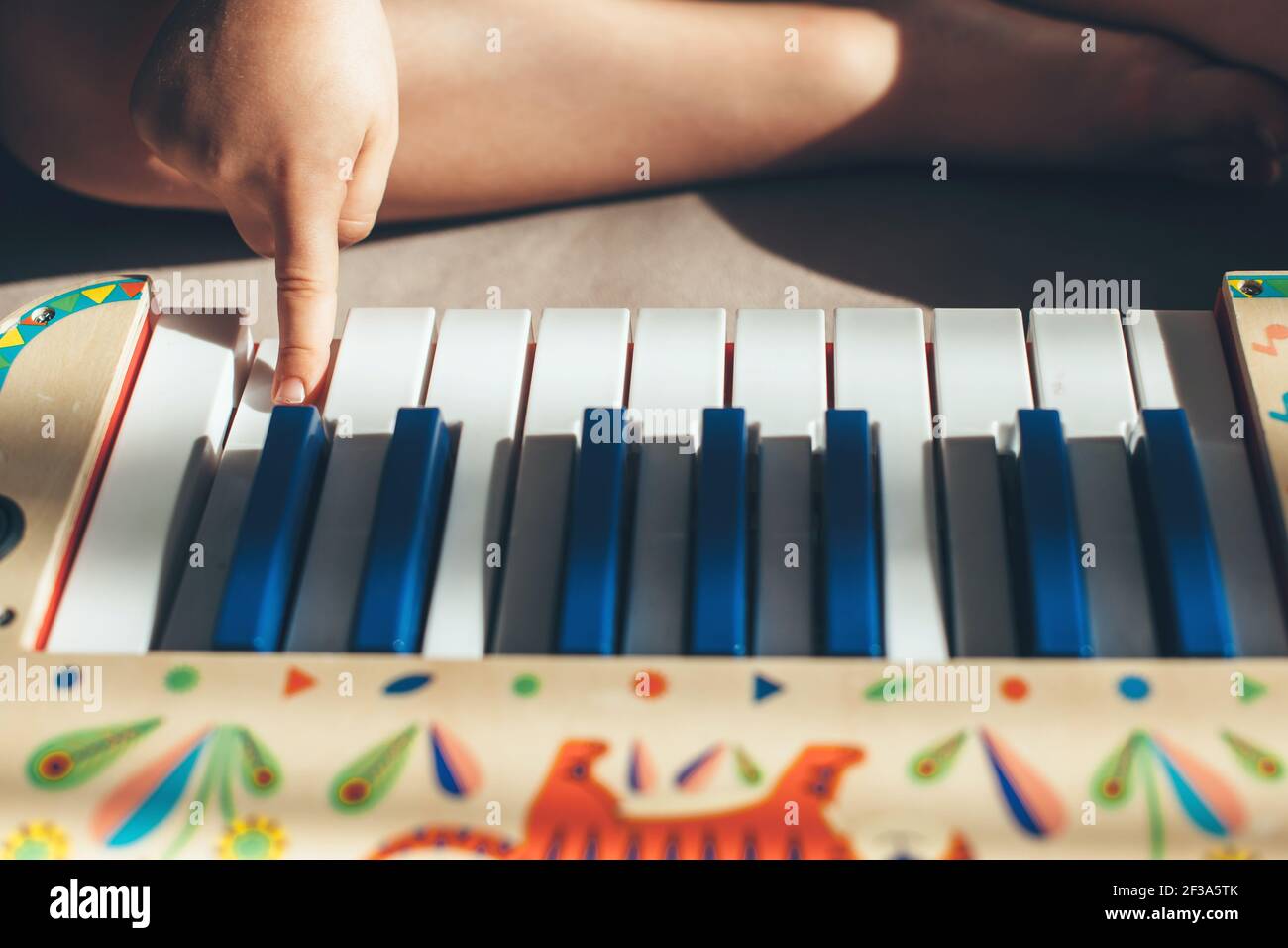 Caucasian kid is sitting on the floor playing the piano toy with one finger  Stock Photo - Alamy