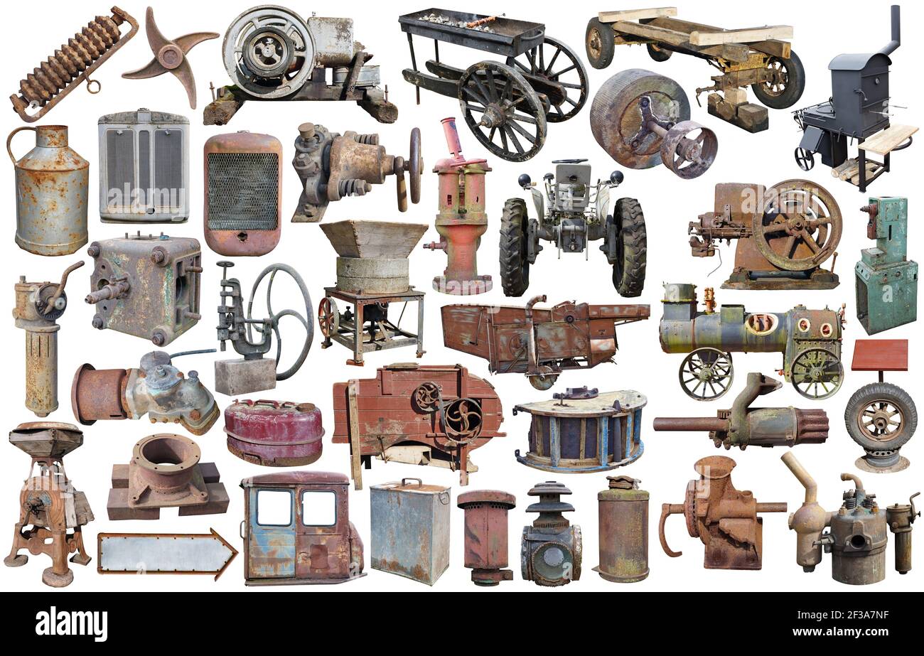 Rusty retro agricultural machinery and equipments. Iisolated on white ...