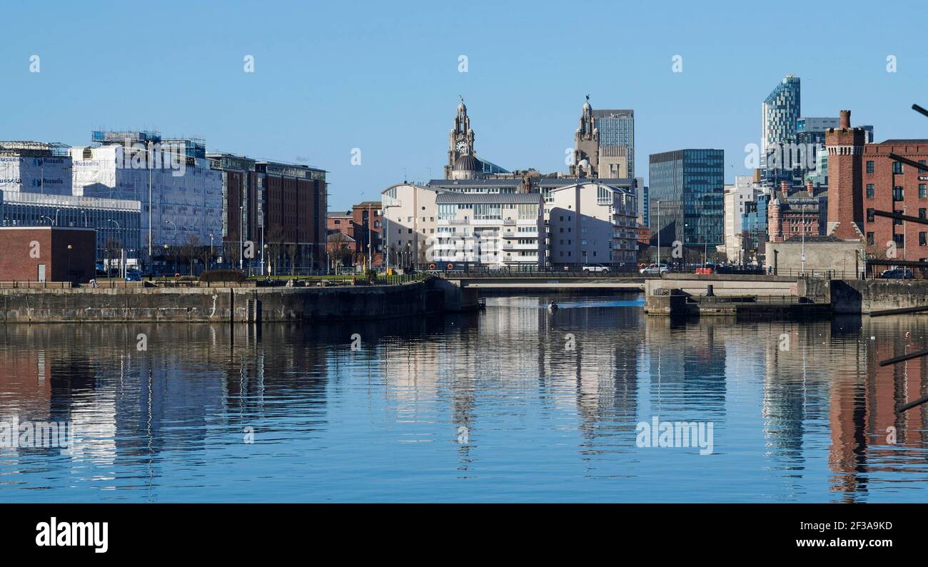 Looking into Liverpool Waterfront across Albert Dock, Merseyside, north west England, UK Stock Photo