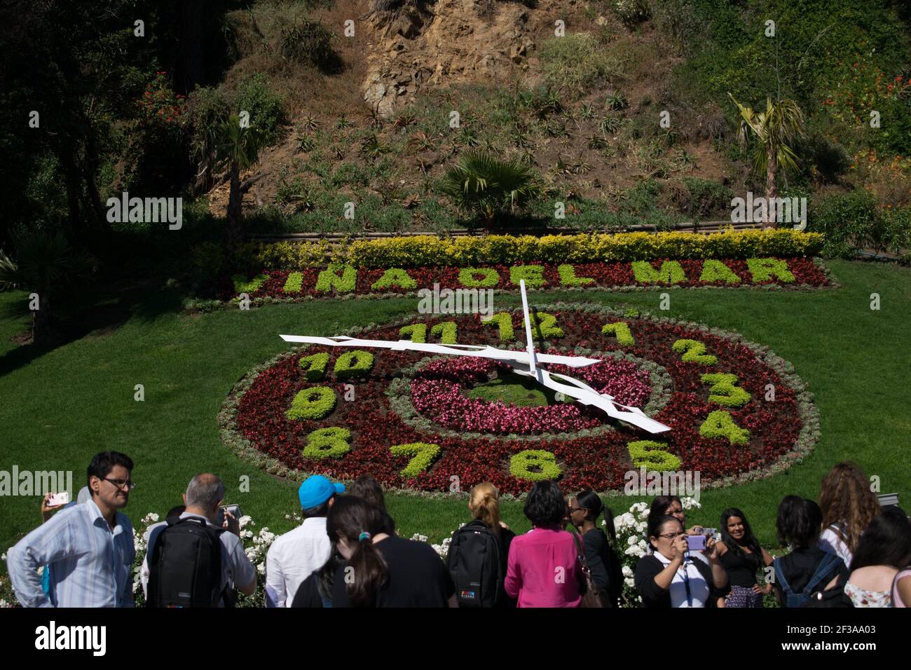 VINA DEL MAR, CHILE - Jul 04, 2019: The famous flower clock of the city of Vina del Mar in Chile, with many tourists in front of it Stock Photo