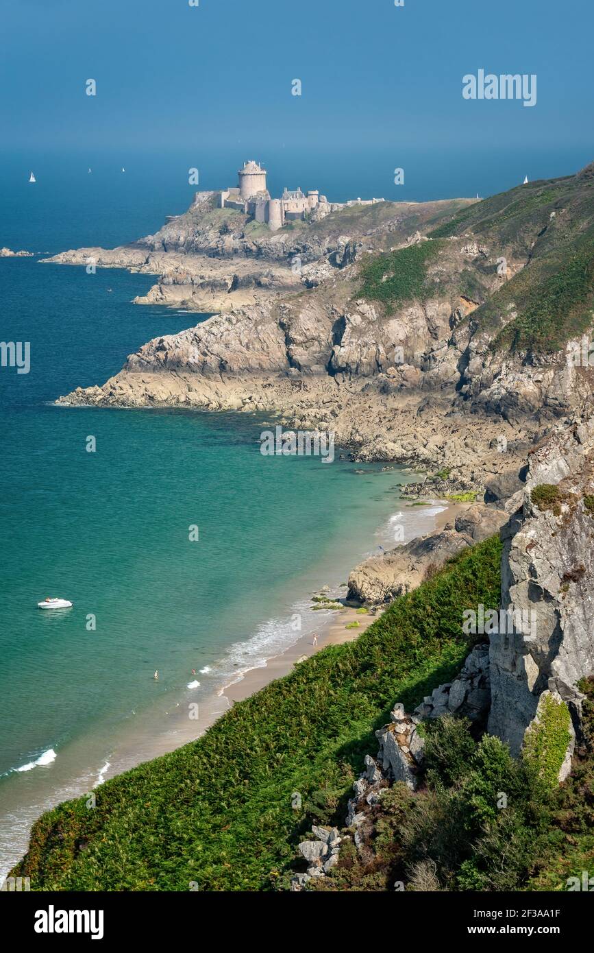 Fort La Latte, also called Castle of La Roche Goyon, view from the coastal footpath in  in Côtes d'Armor, Brittany, France Stock Photo