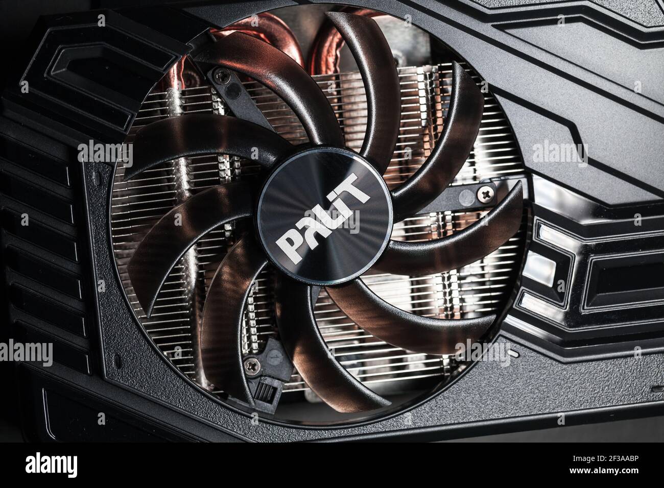 St.Petersburg, Russia - February 2, 2021: Palit GPU cooler, close-up photo. This fan is mounted on a video card to cool the GPU and surrounding compon Stock Photo