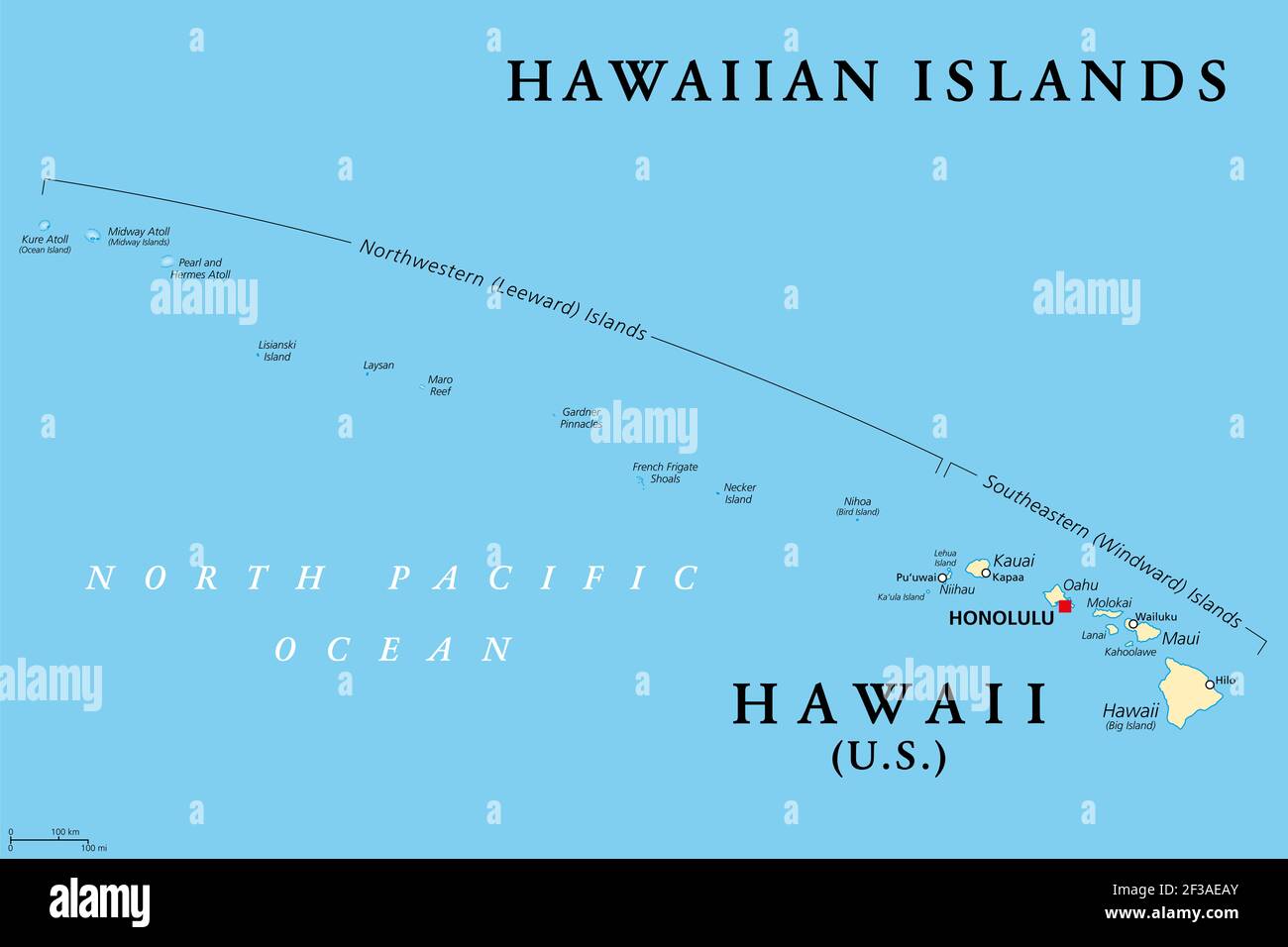 Hawaiian Islands, political map. U.S. state of Hawaii with capital Honolulu and the unincorporated territory Midway Island. Archipelago in the Pacific Stock Photo