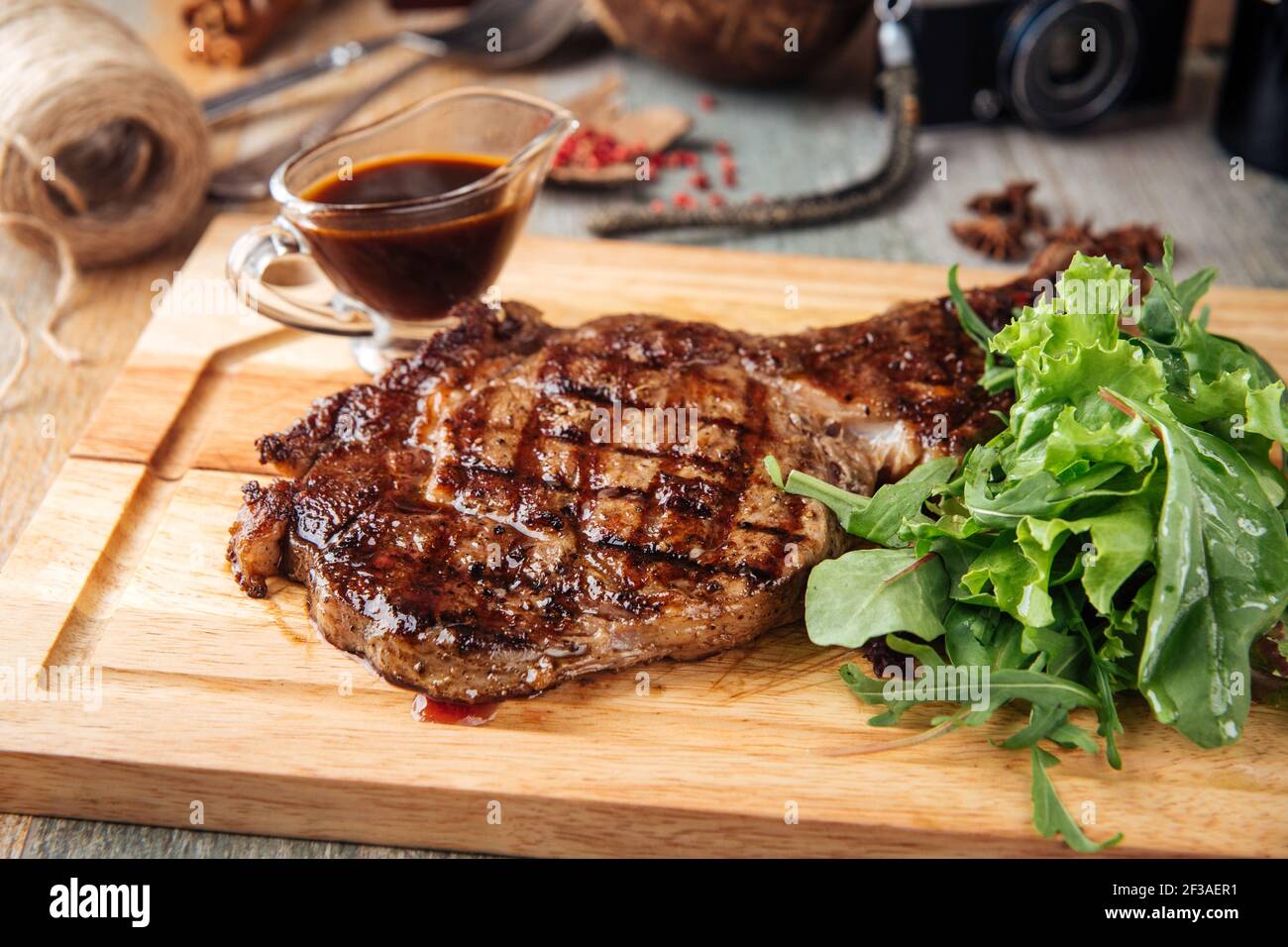 Grilled beef meat steak with pepper sauce Stock Photo