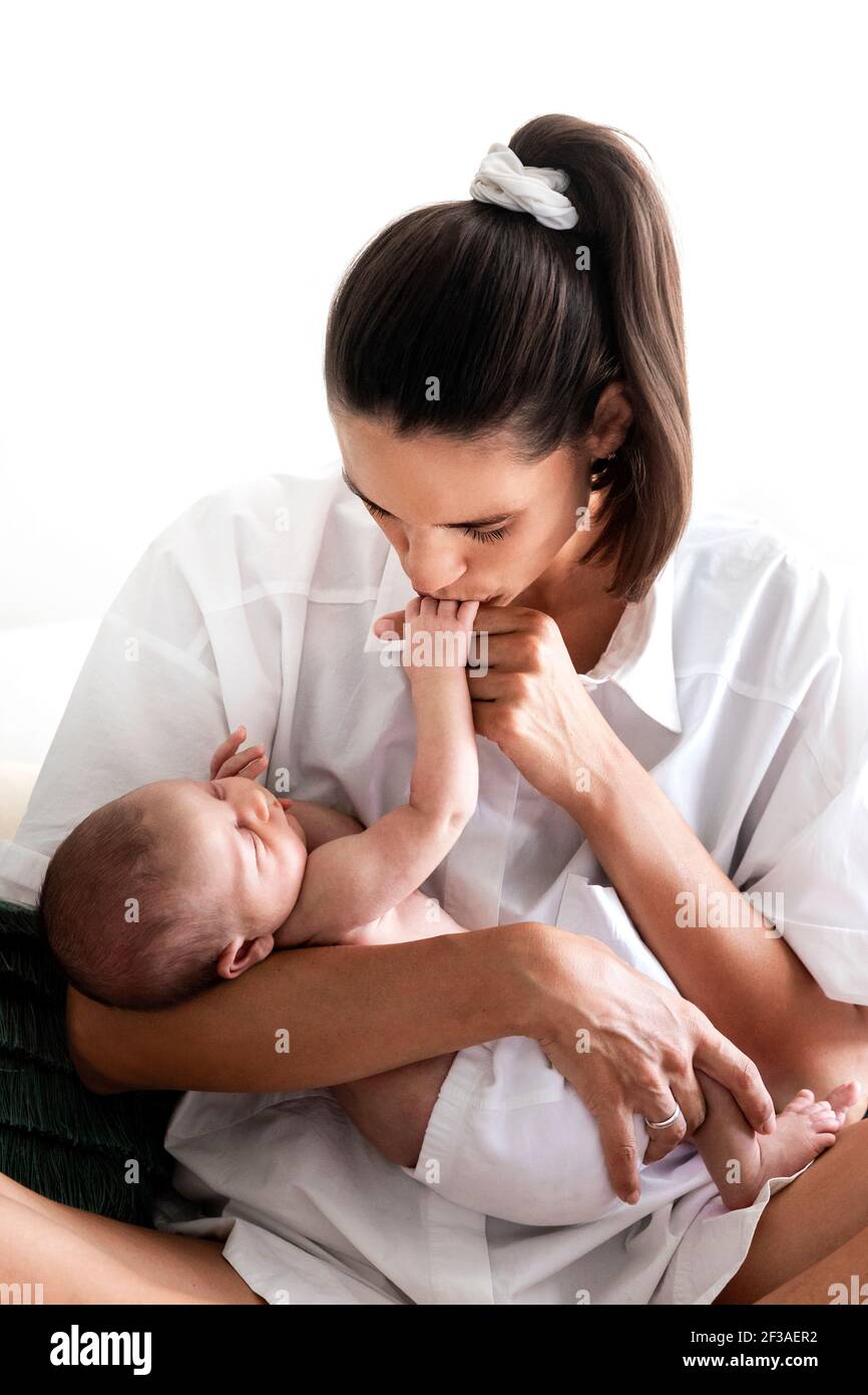 Mother and her newborn baby boy Stock Photo