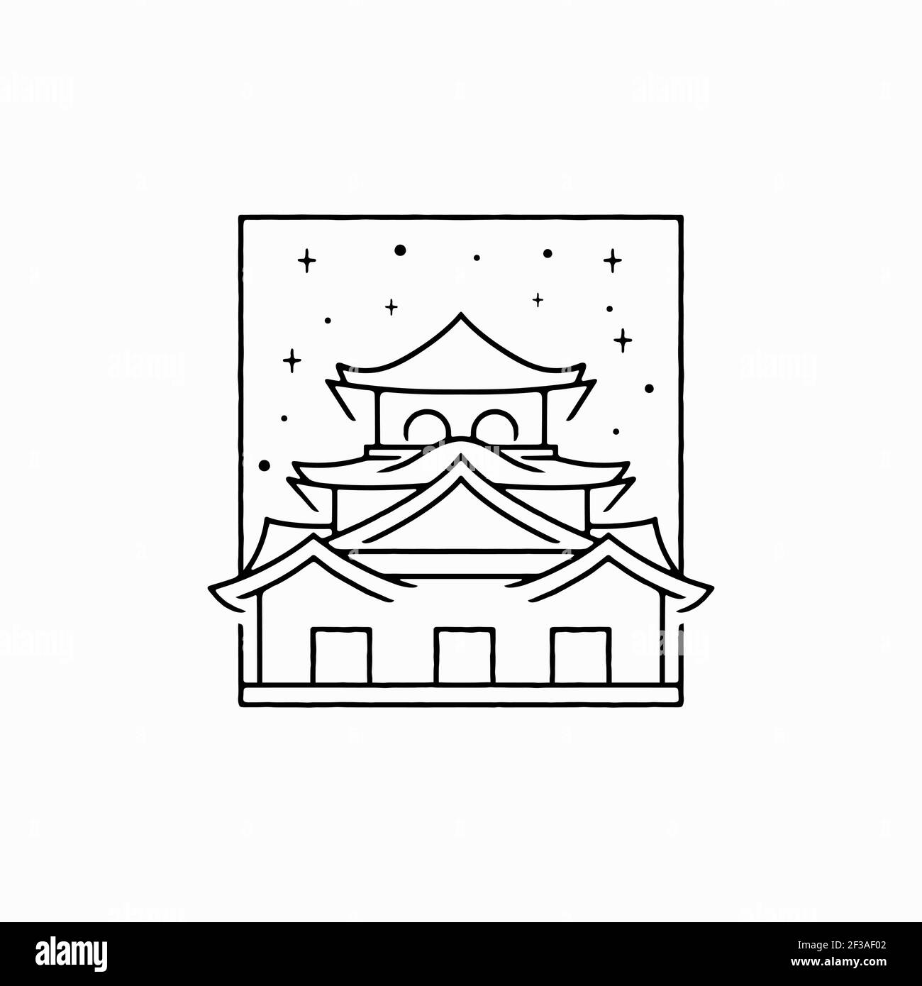Vintage Hipster Japanese Castle Outline Line Monoline Logo Design Stock Vector