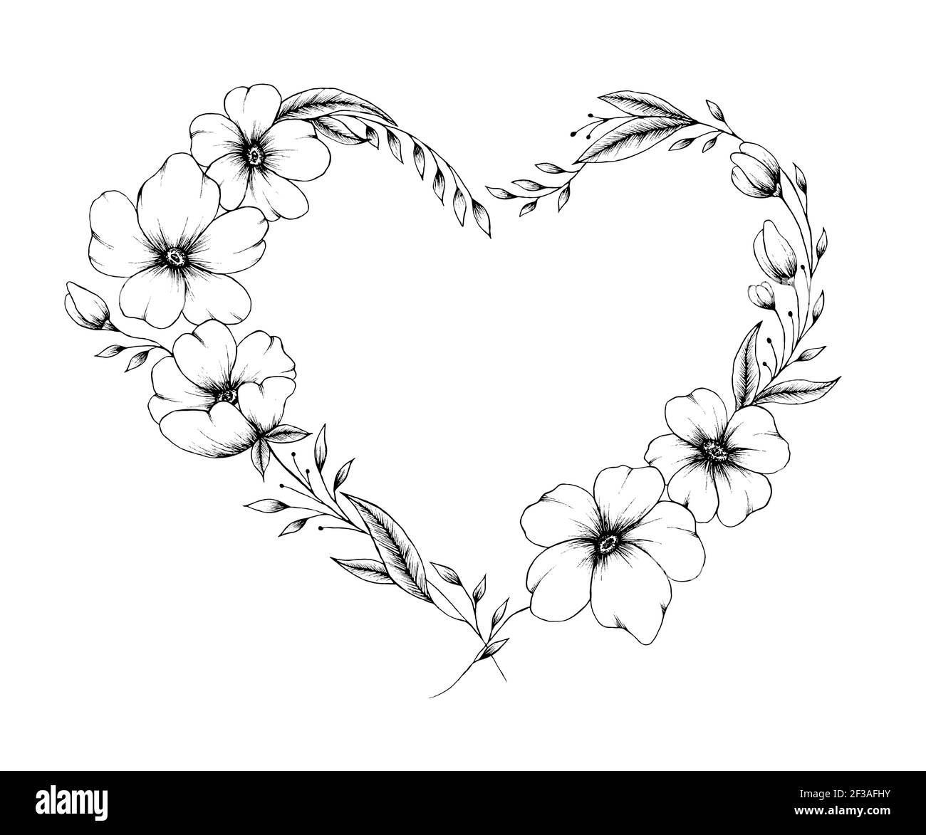 Hand drawn outline blooming heart illustration with floral elements, fine line heart art for mother's day, Valentine's day or weddings, black floral Stock Photo