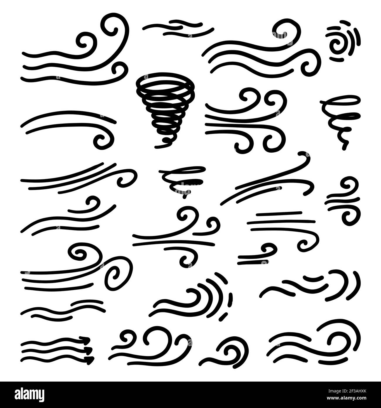 Doodle wind lines. Air sketch. Cartoon hand drawn windmill. Vector wave clipart Stock Vector