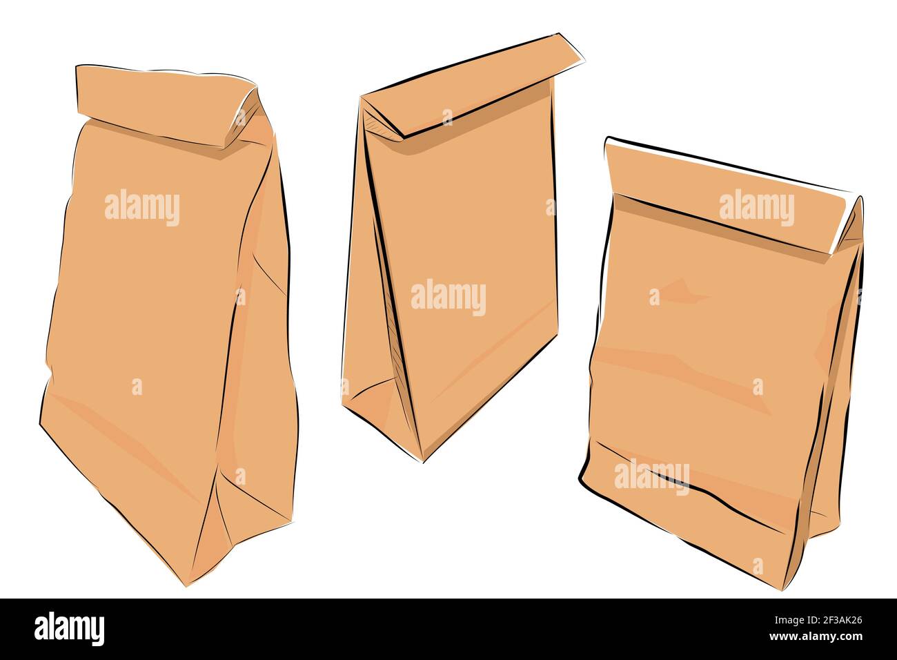 Simple Vector Brown Hand Draw Sketch of Paper Bag, Closed Lid, 3
