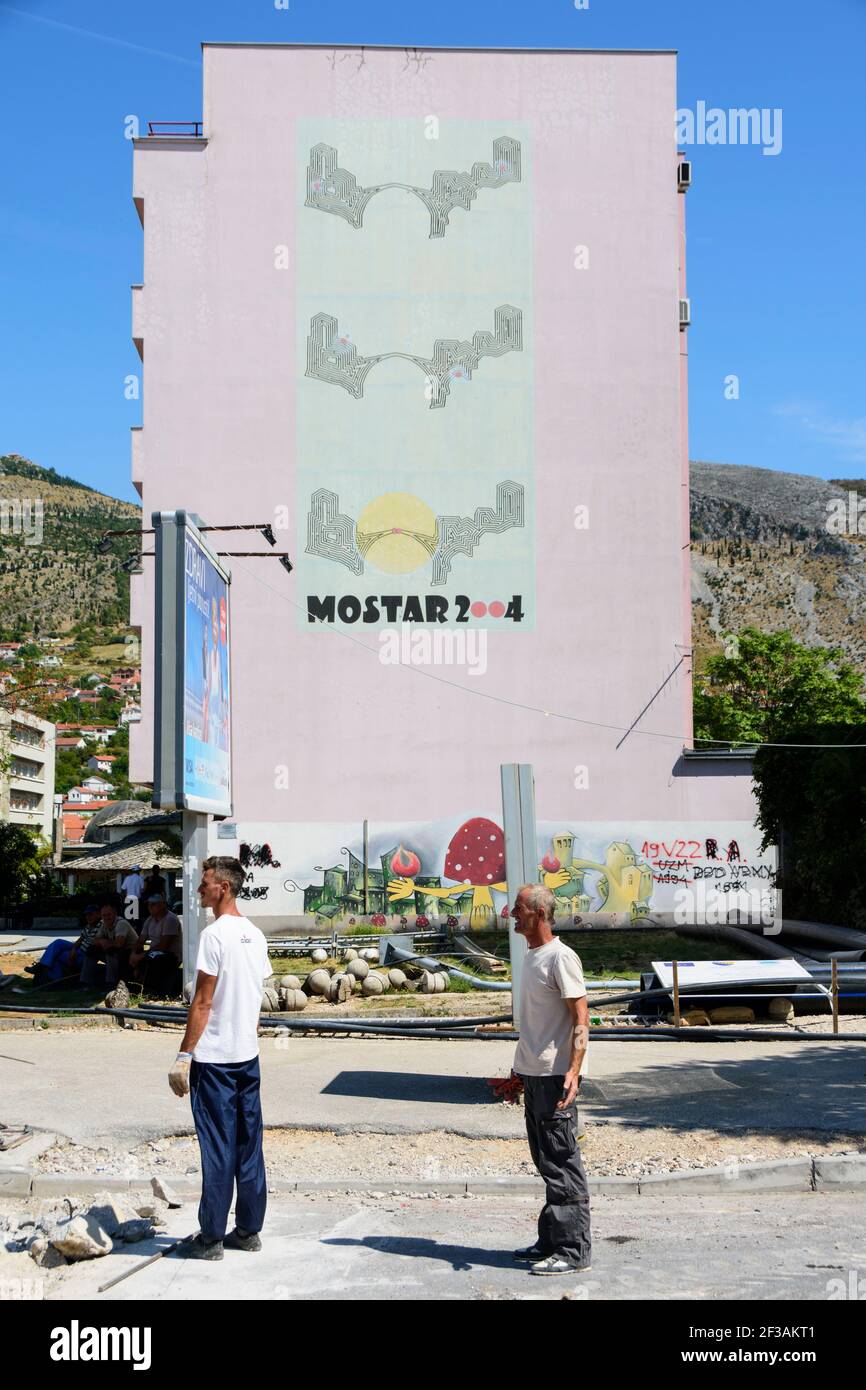 Wall painting on a building in honor of the inauguration of the reconstructed Stari Most (old bridge) on 23 July 2004. Mostar, Bosna and Herzegovina. Stock Photo