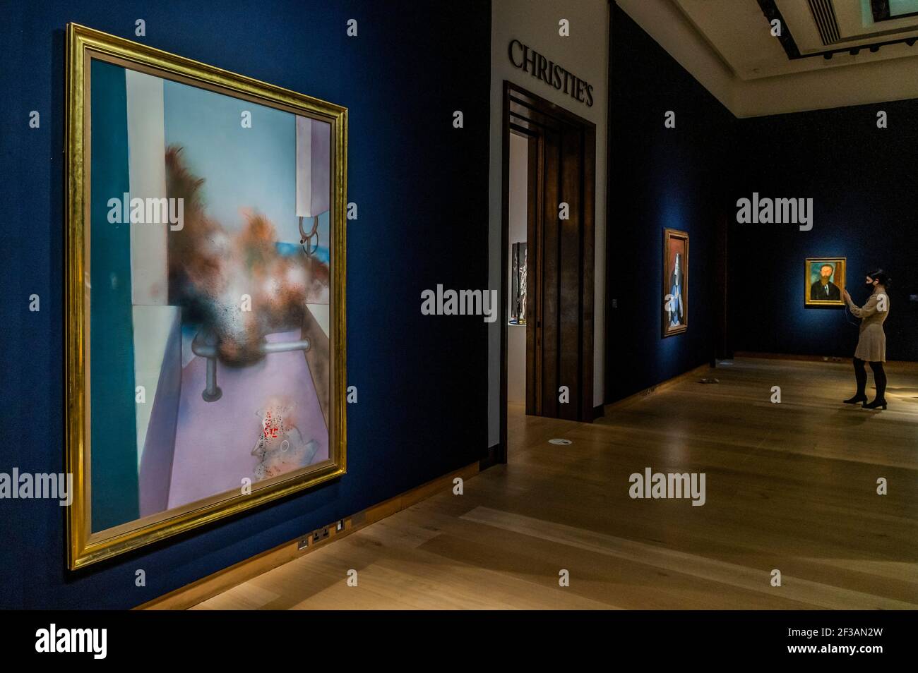 London, UK. 16th Mar, 2021. Francis Bacon, Sand Dune, Bacon', Executed in 1981, Estimate on Request - Behind closed doors: preparations take place at christie's ahead of the livestreamed 20th century art evening sale and the art of the surreal sale on 23 march Credit: Guy Bell/Alamy Live News Stock Photo