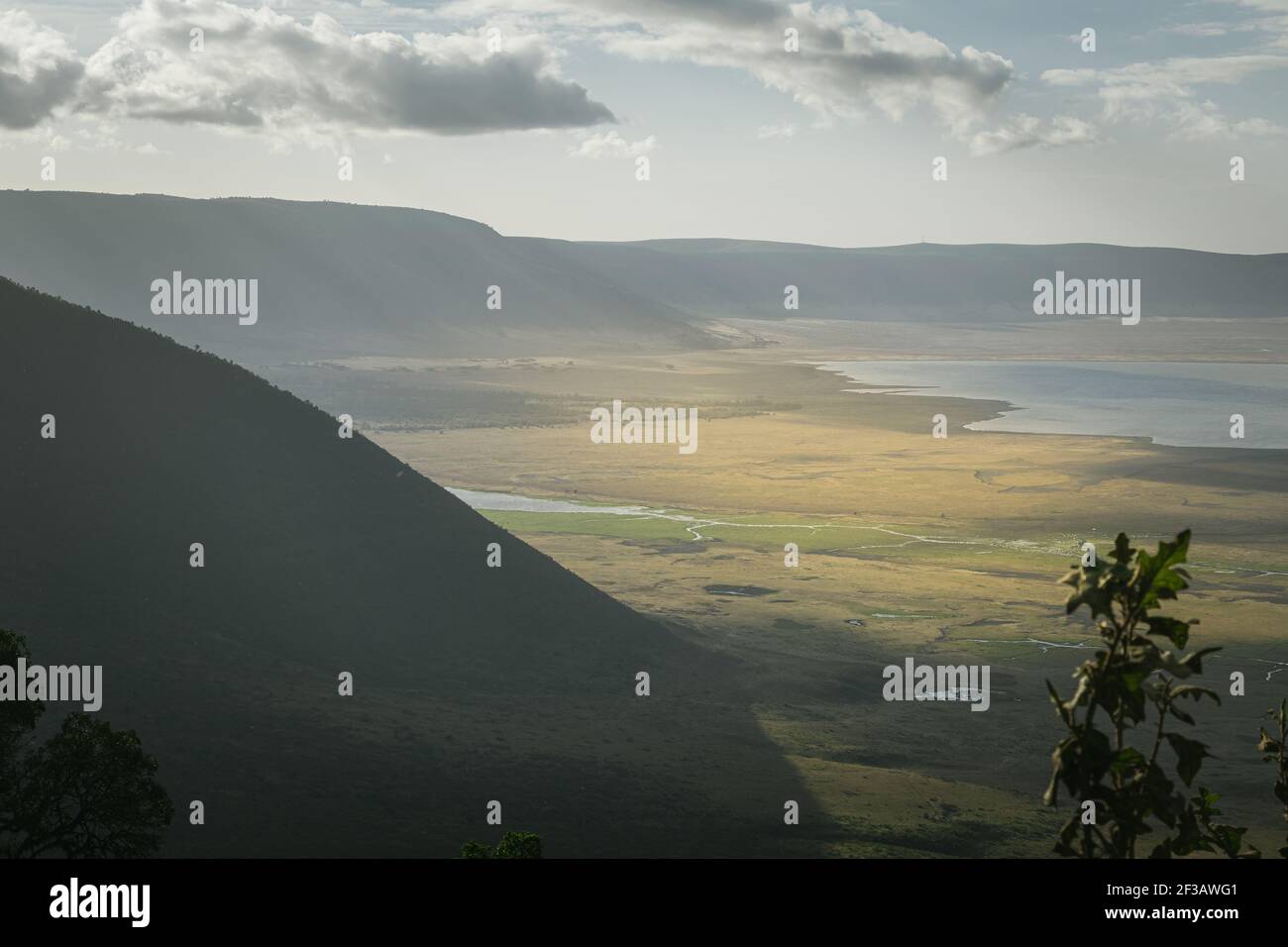Panoramic view of the Ngorongoro Conservation Area on a clear day from the mountainside. Tanzania, Africa. Stock Photo