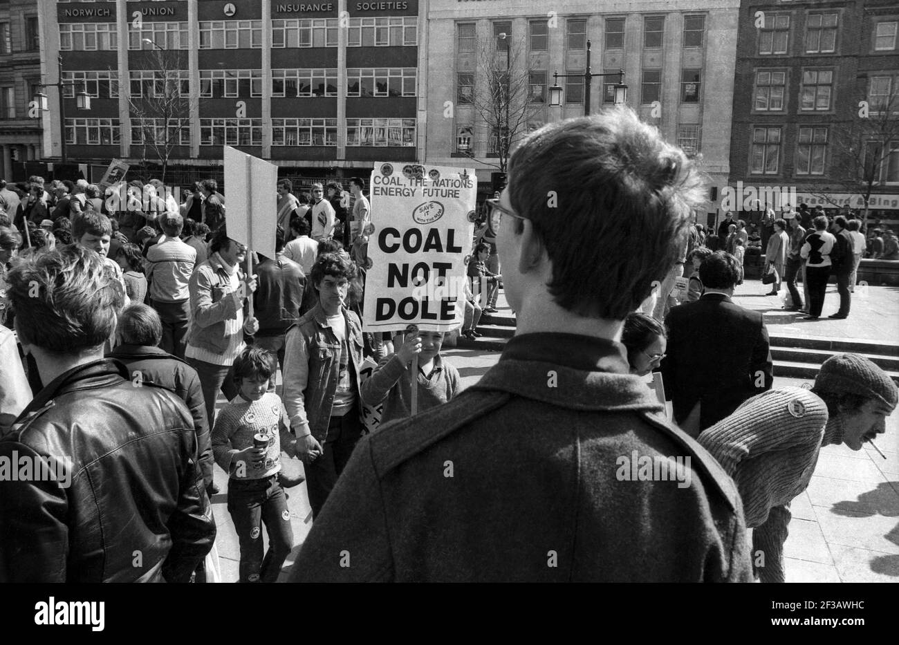 Protest in Market Square in Nottingham England UK in 1984 during the year long British Miners Strike with protestor carrying a Coal Not Dole placard. Stock Photo