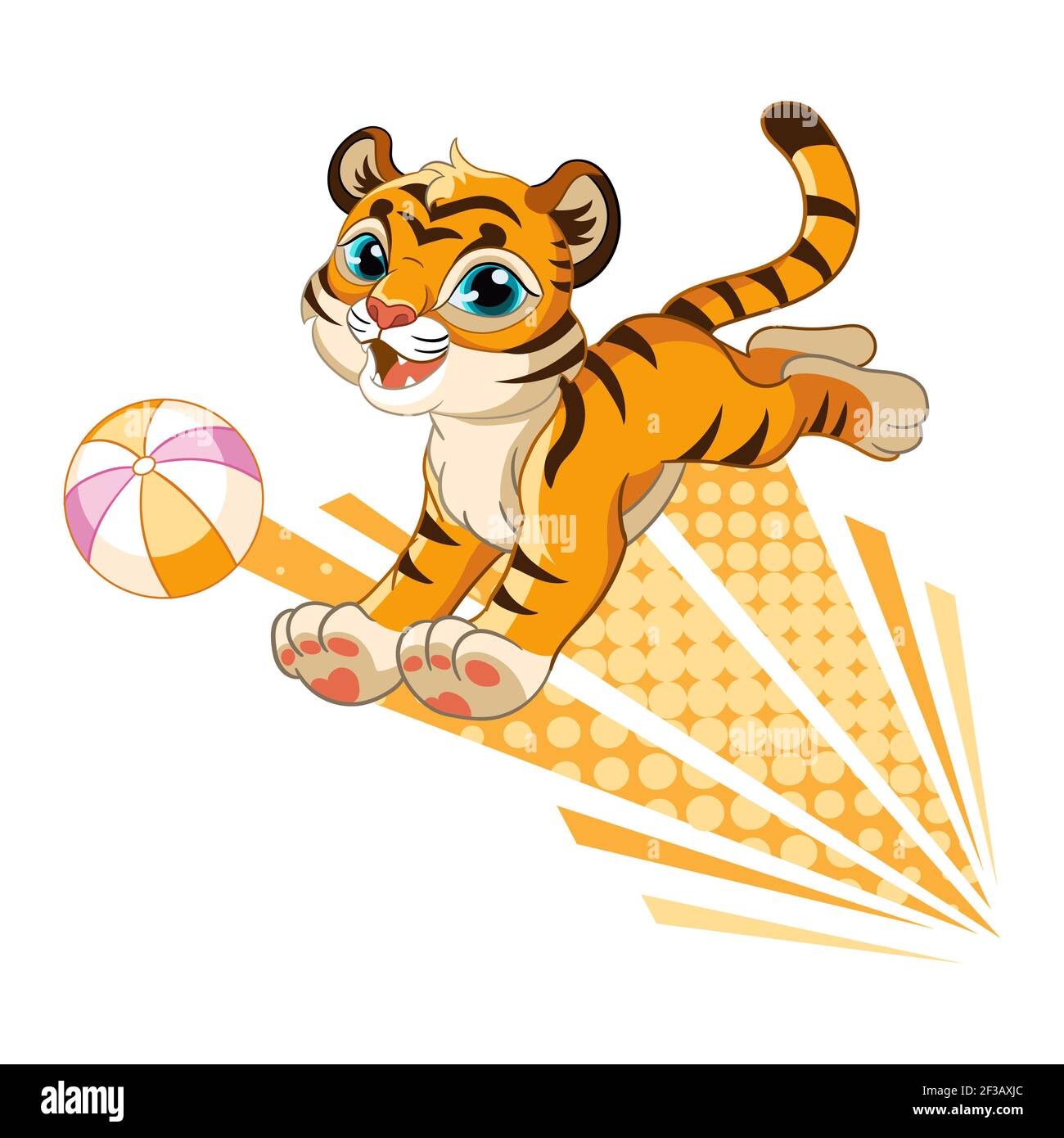 Cute tiger playing with ball. Cartoon character. Vector isolated colorful illustration. For print and design, posters, nursery design, cards, stickers Stock Vector