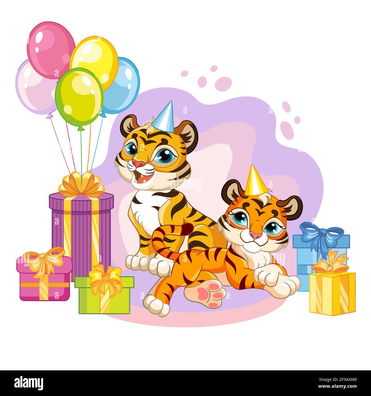 Two cute cartoon little tigers with balloons and present boxes. Vector isolated illustration. For postcard, posters, nursery design, greeting card, st Stock Vector