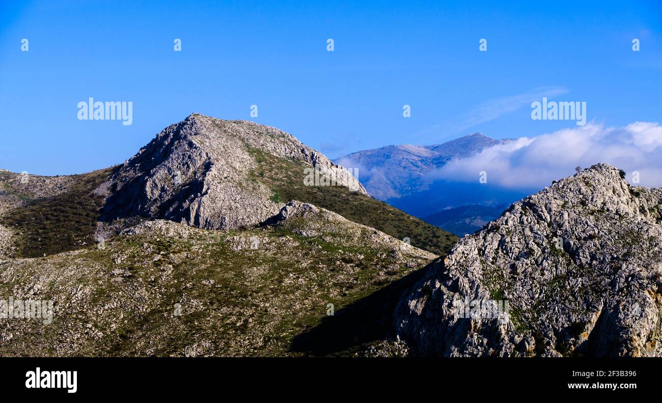 Maroma viewed between Cuna and Carona. Hiking Tajo de la U trail above Zafarraya pass, Andalucía, Spain, Europe Stock Photo