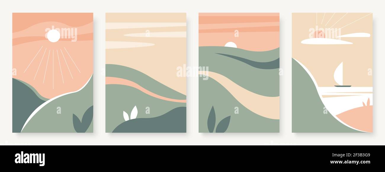 Summer mountain abstract landscape set, wall pictures template background for social media stories Stock Vector